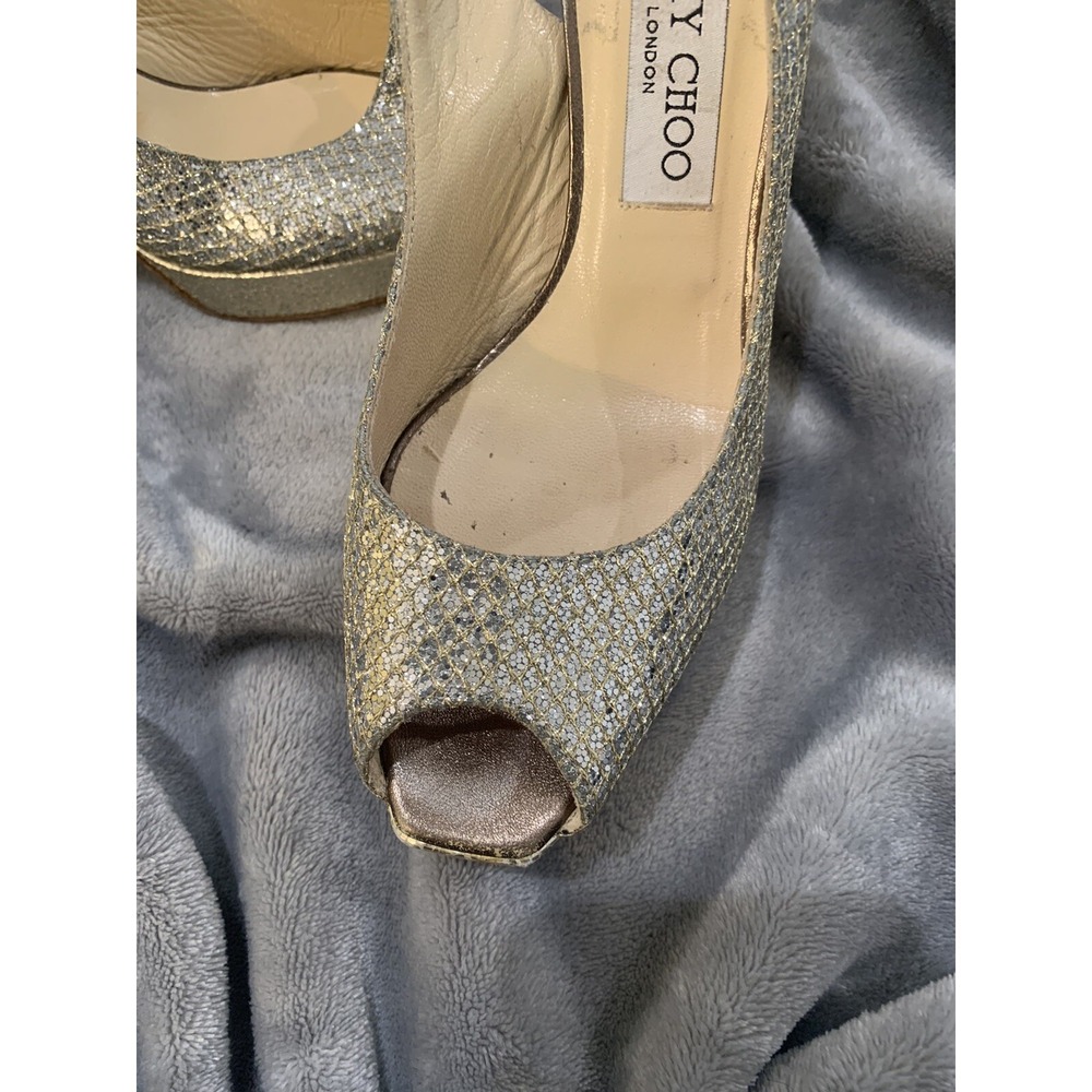 Jimmy Choo Nova Glittered Metallic Open Toe Slingback Platform Pump 37.5-7.5 - Picture 7 of 8